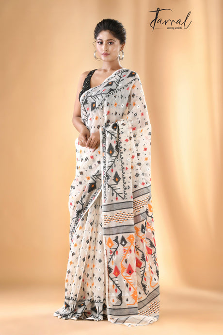 Offwhite with black & other colour soft handloom dhakai jamdani saree with blouse piece - Tamal Boutique