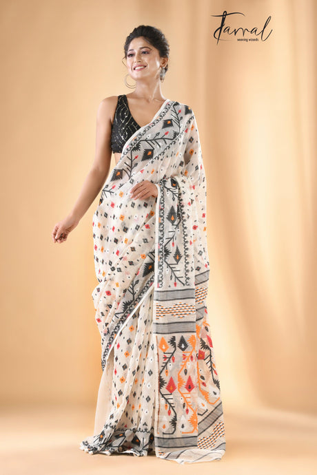 Offwhite with black & other colour soft handloom dhakai jamdani saree with blouse piece - Tamal Boutique