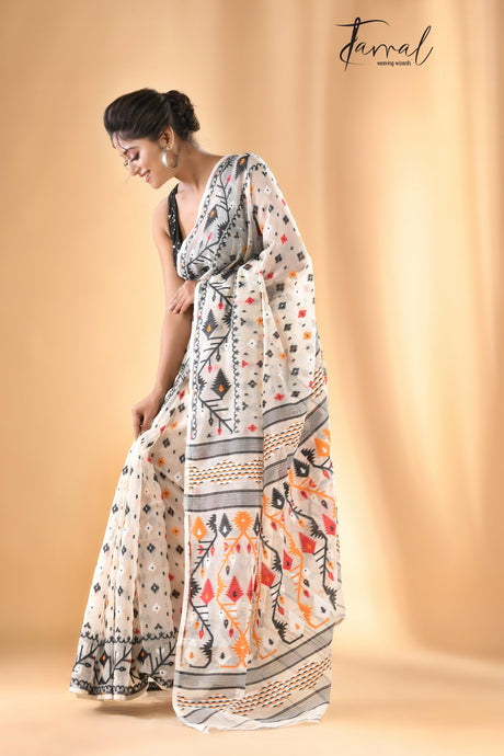 Offwhite with black & other colour soft handloom dhakai jamdani saree with blouse piece - Tamal Boutique