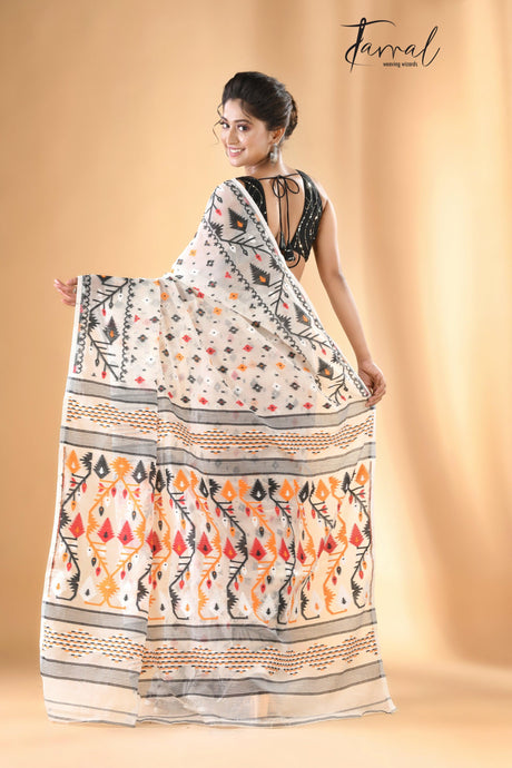 Offwhite with black & other colour soft handloom dhakai jamdani saree with blouse piece - Tamal Boutique