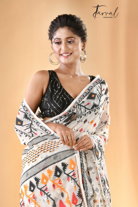 Offwhite with black & other colour soft handloom dhakai jamdani saree with blouse piece - Tamal Boutique