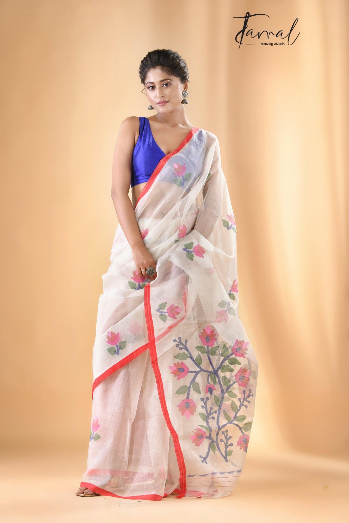 Off white with red border muslin floral buta handwoven jamadani saree - Tamal Boutique