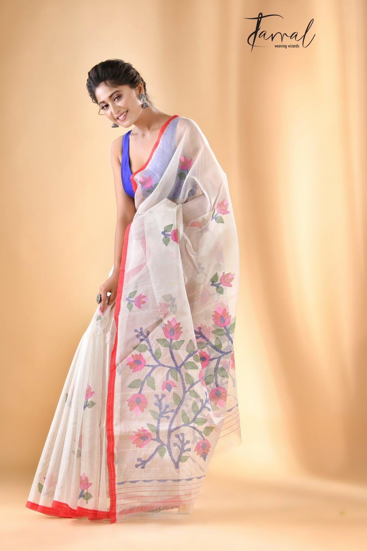Off white with red border muslin floral buta handwoven jamadani saree - Tamal Boutique