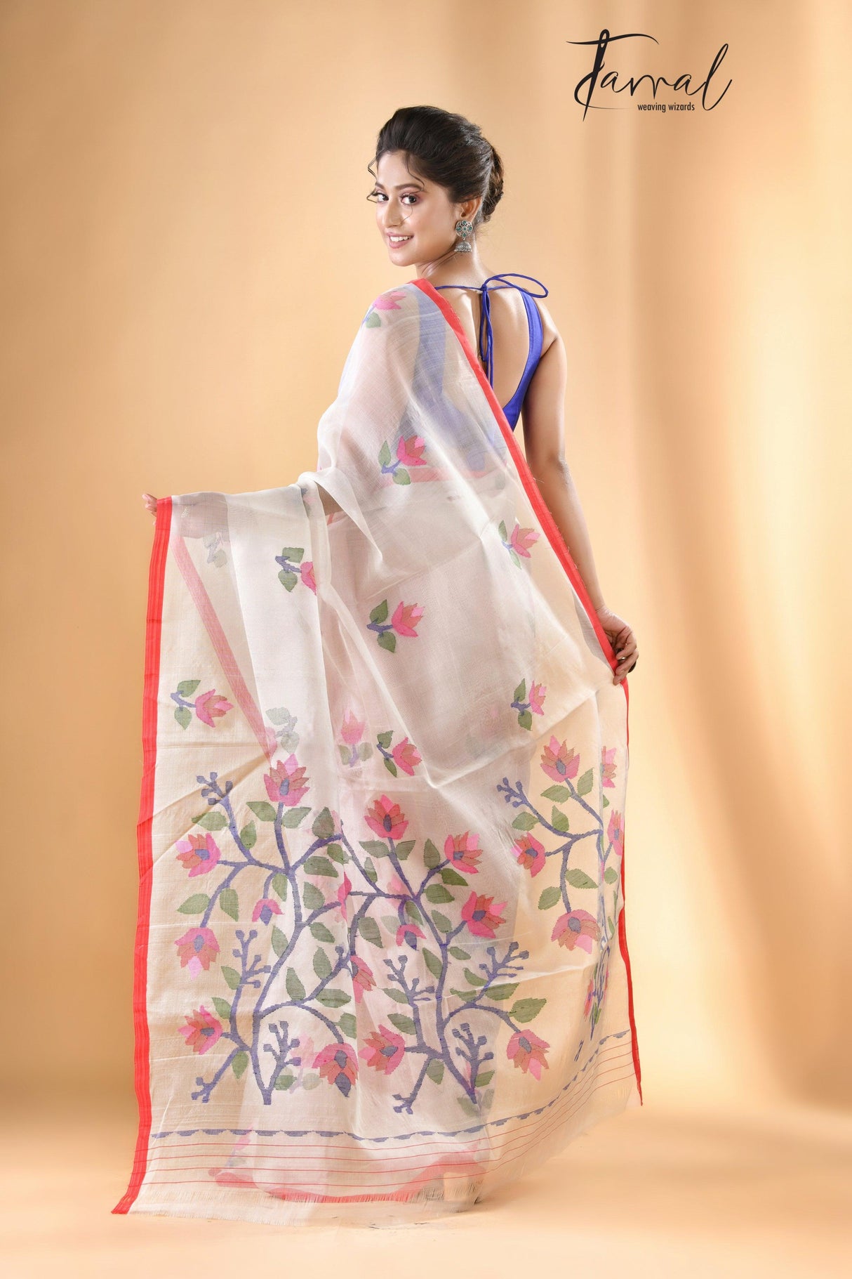 Off white with red border muslin floral buta handwoven jamadani saree - Tamal Boutique
