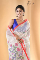 Off white with red border muslin floral buta handwoven jamadani saree - Tamal Boutique