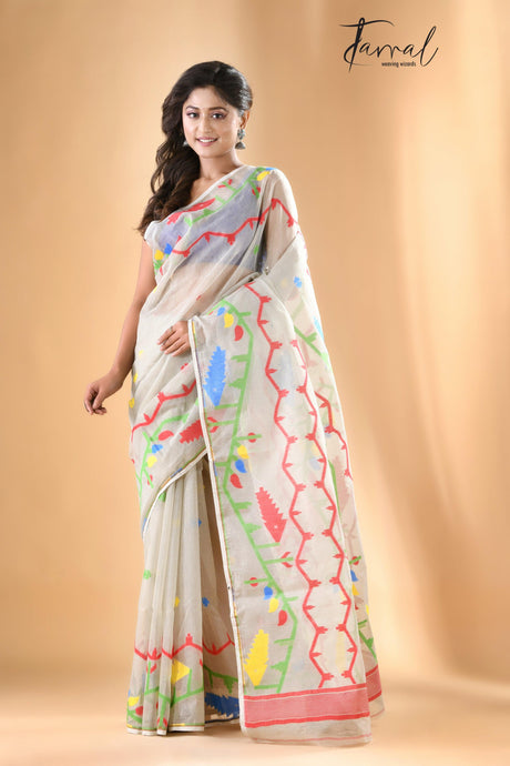 Light Ash with multi colour soft dhakai jamdani handloom saree - Tamal Boutique