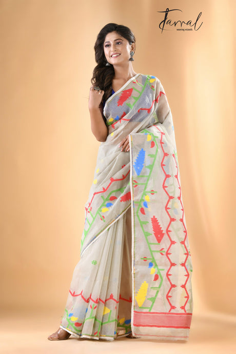 Light Ash with multi colour soft dhakai jamdani handloom saree - Tamal Boutique