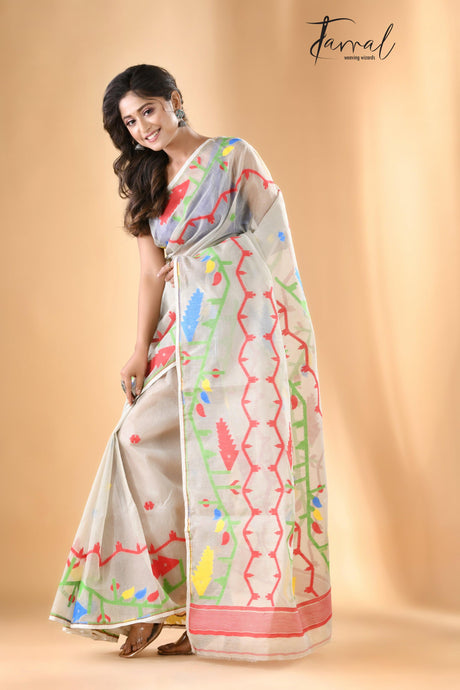 Light Ash with multi colour soft dhakai jamdani handloom saree - Tamal Boutique