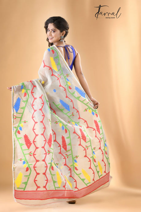 Light Ash with multi colour soft dhakai jamdani handloom saree - Tamal Boutique
