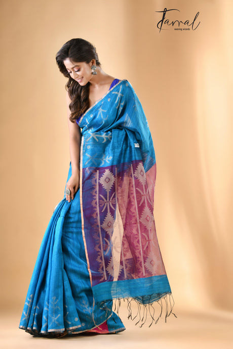 Deep Firoza with Rani pallu traditional matka silk handwoven jamdani saree - Tamal Boutique