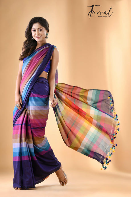 Indigo with rainbow combination mul cotton handloom saree - Tamal Boutique