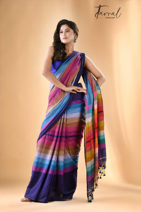 Indigo with rainbow combination mul cotton handloom saree - Tamal Boutique
