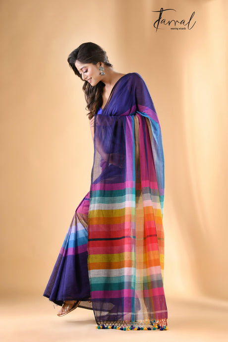 Indigo with rainbow combination mul cotton handloom saree - Tamal Boutique