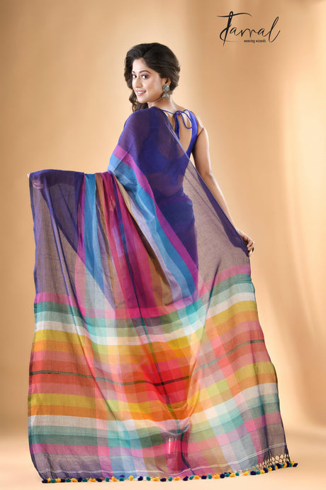 Indigo with rainbow combination mul cotton handloom saree - Tamal Boutique