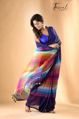 Indigo with rainbow combination mul cotton handloom saree - Tamal Boutique