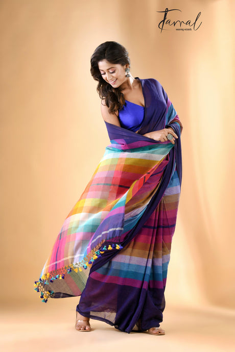 Indigo with rainbow combination mul cotton handloom saree - Tamal Boutique