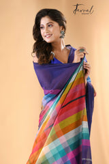 Indigo with rainbow combination mul cotton handloom saree - Tamal Boutique