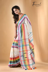White with multi colour bhujodi design in fulia cotton handloom saree - Tamal Boutique