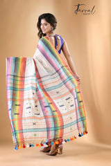 White with multi colour bhujodi design in fulia cotton handloom saree - Tamal Boutique
