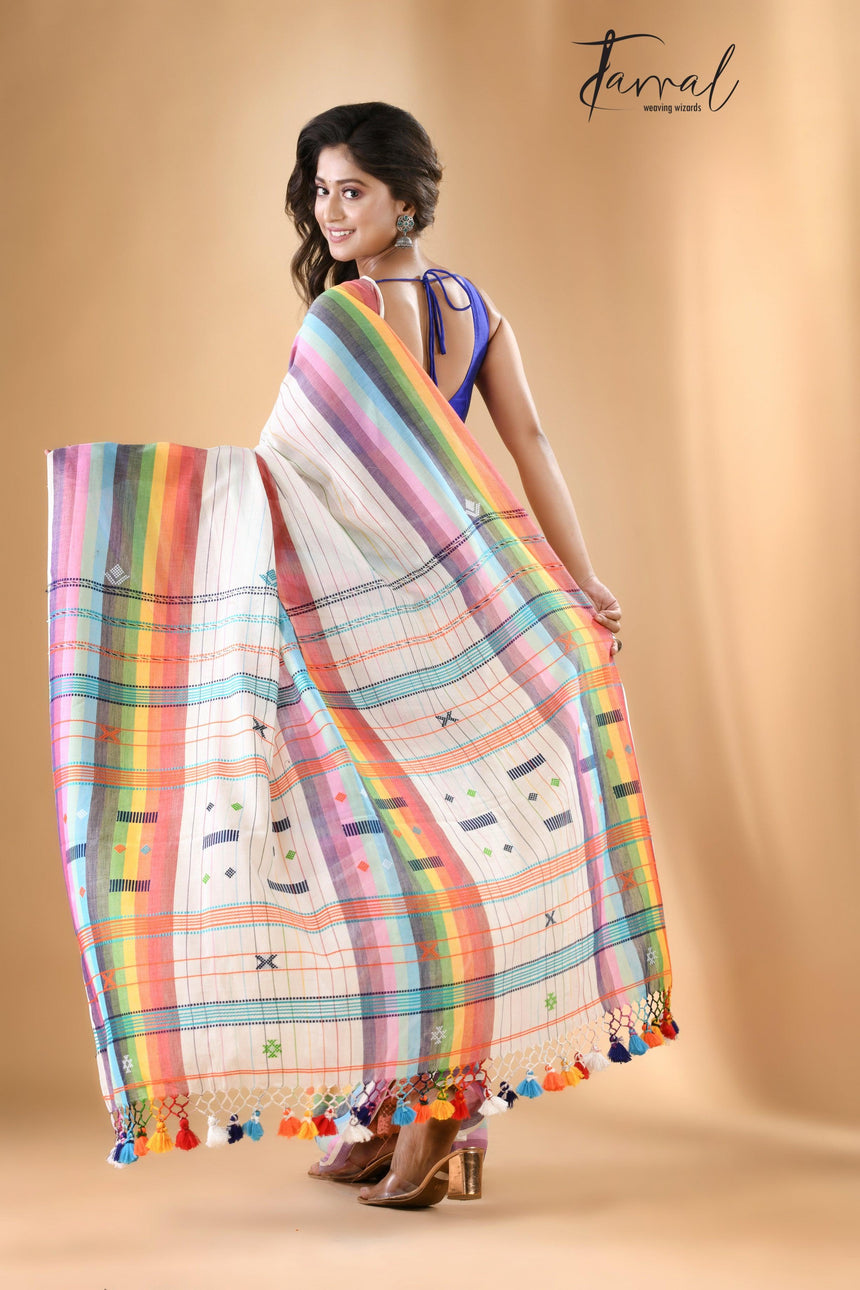 White with multi colour bhujodi design in fulia cotton handloom saree - Tamal Boutique