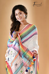 White with multi colour bhujodi design in fulia cotton handloom saree - Tamal Boutique