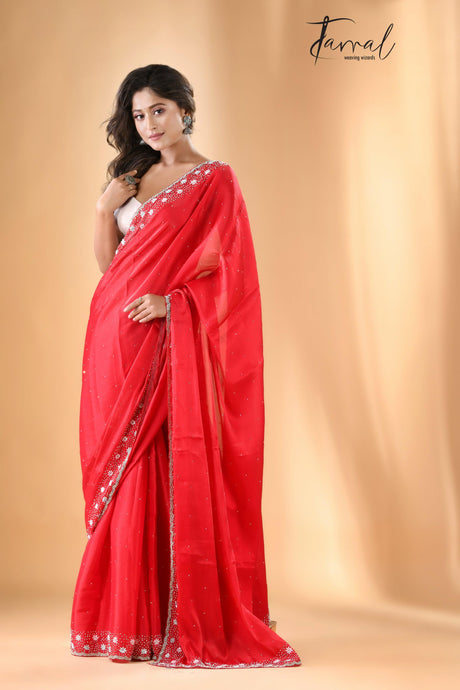 Red velvet elegance zardosi stone work silk saree - Tamal Boutique