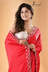 Red velvet elegance zardosi stone work silk saree - Tamal Boutique