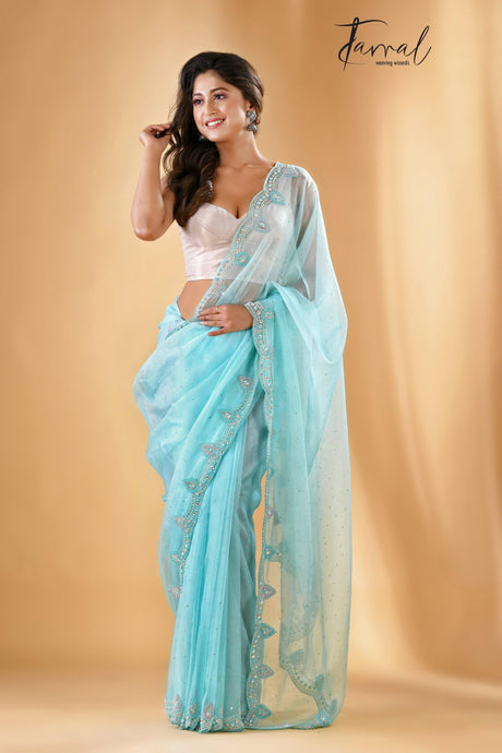 Sky blue illusion zardosi silk saree - Tamal Boutique