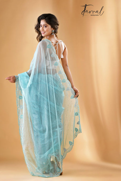 Sky blue illusion zardosi silk saree - Tamal Boutique