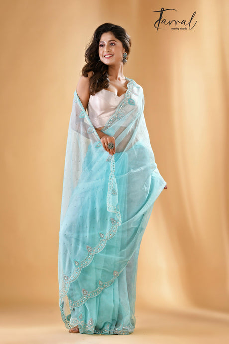Sky blue illusion zardosi silk saree - Tamal Boutique