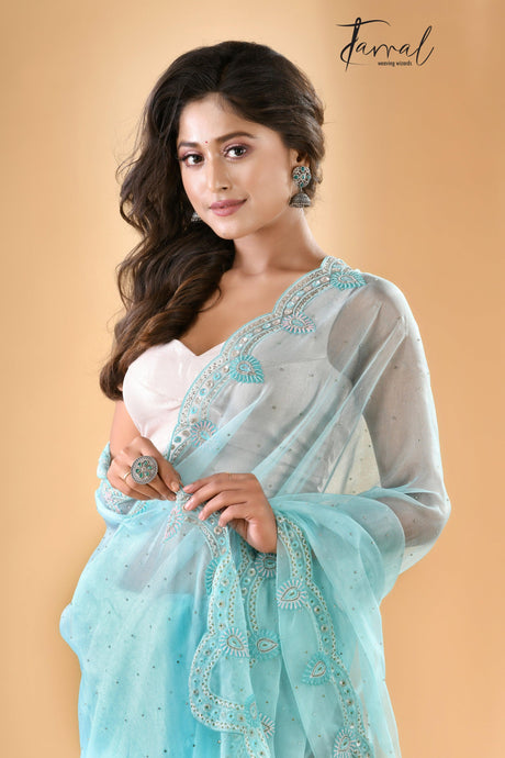 Sky blue illusion zardosi silk saree - Tamal Boutique