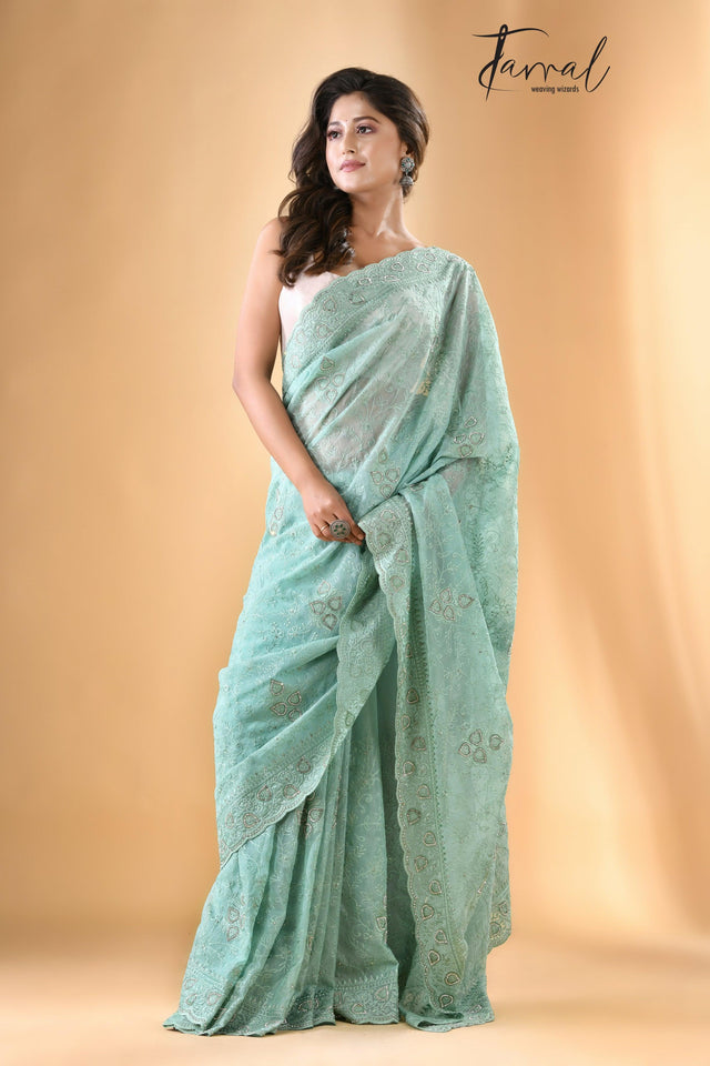 Mint green chiffon zardosi stone with chikankari embroidery work saree - Tamal Boutique