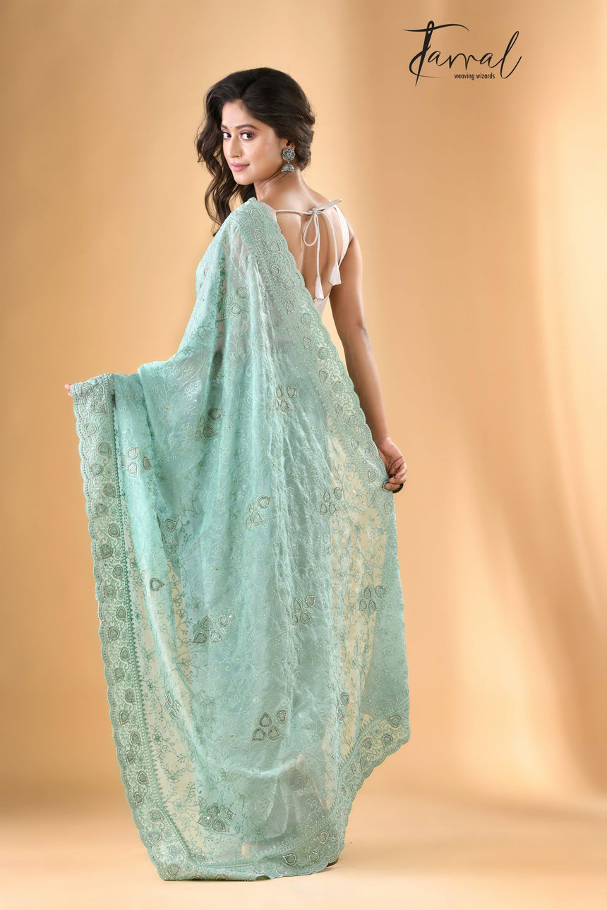 Mint green chiffon zardosi stone with chikankari embroidery work saree - Tamal Boutique