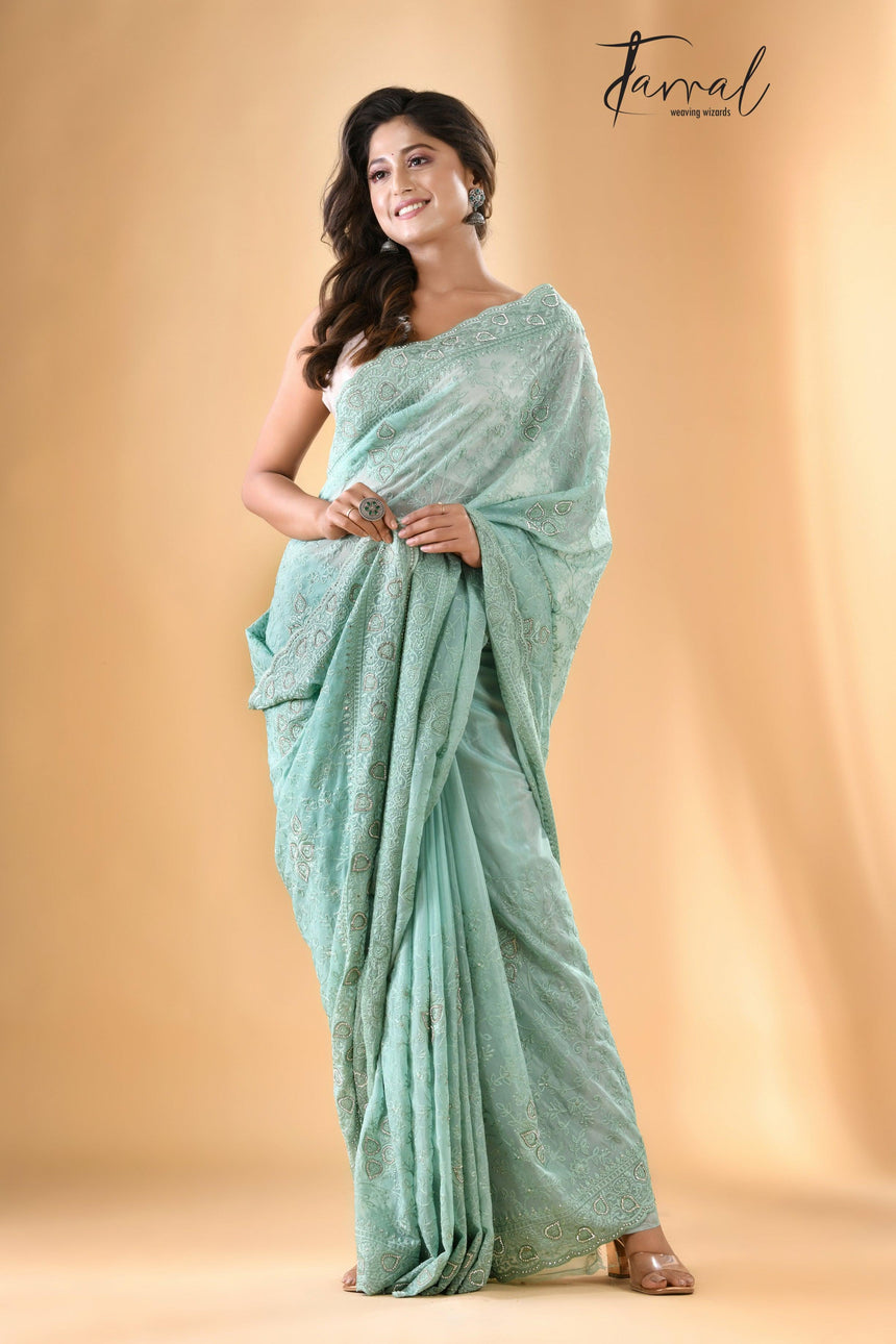 Mint green chiffon zardosi stone with chikankari embroidery work saree - Tamal Boutique