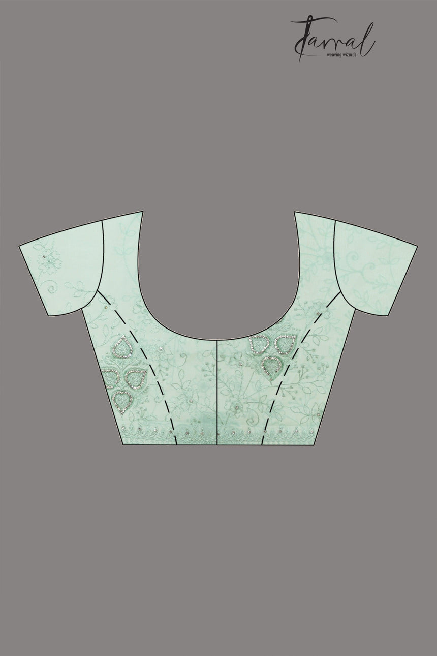 Mint green chiffon zardosi stone with chikankari embroidery work saree - Tamal Boutique
