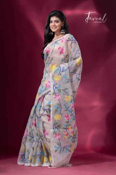 Offwhite With Multicolor Muslin Silk Handwoven Jamdani Saree - Tamal Boutique