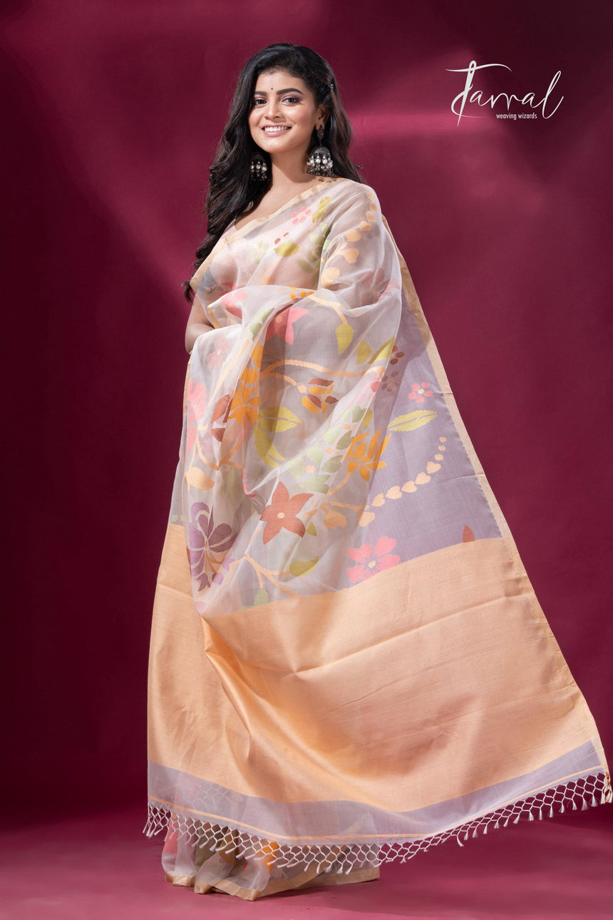 Offwhite with Tussar border muslin silk allover floral handwoven jamdani saree - Tamal Boutique