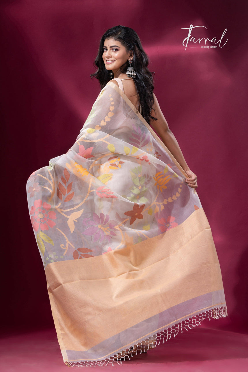 Offwhite with Tussar border muslin silk allover floral handwoven jamdani saree - Tamal Boutique