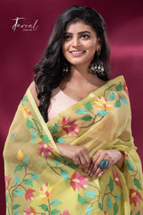 Lemon greenish yellow floral border muslin silk handwoven jamdani saree - Tamal Boutique