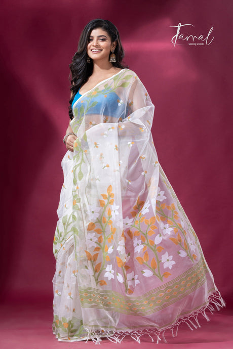 Off white with green Ethereal Blossom muslin silk jacquard handloom soft dhakai jamdani saree - Tamal Boutique