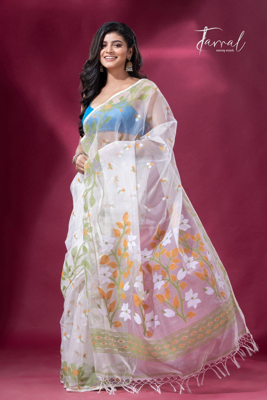 Off white with green Ethereal Blossom muslin silk jacquard handloom soft dhakai jamdani saree - Tamal Boutique