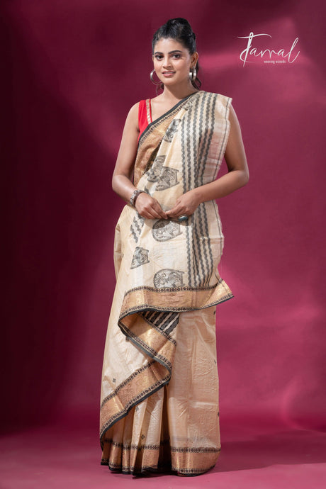 Light Creamy Elegance Tussar Tangail Handloom Saree - Tamal Boutique