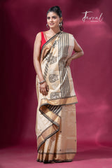 Light Creamy Elegance Tussar Tangail Handloom Saree - Tamal Boutique