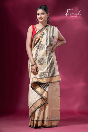 Light Creamy Elegance Tussar Tangail Handloom Saree - Tamal Boutique