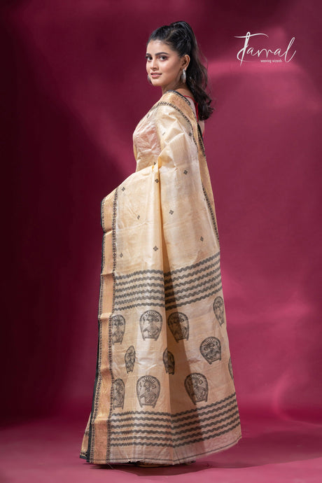 Light Creamy Elegance Tussar Tangail Handloom Saree - Tamal Boutique