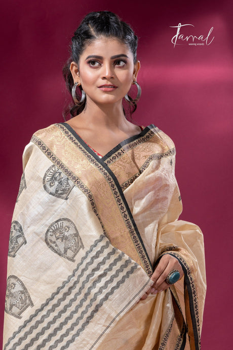 Light Creamy Elegance Tussar Tangail Handloom Saree - Tamal Boutique