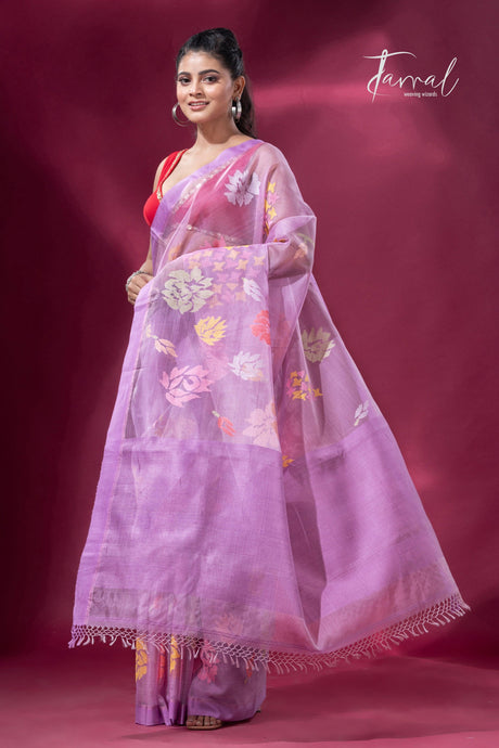 Lavender with purple border allover floral motifs handwoven jamdani saree - Tamal Boutique
