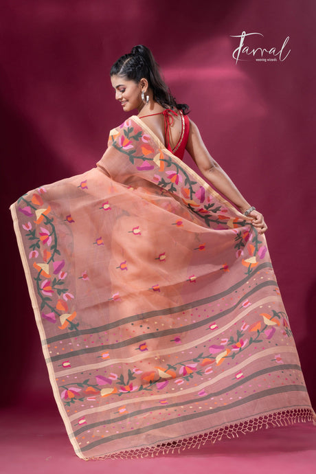 Peach colour kalmilata floral handwoven muslin silk jamdani saree - Tamal Boutique
