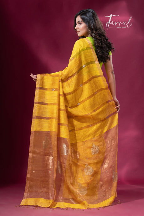 Golden yellow tissue matka muslin handloom jamdani saree - Tamal Boutique