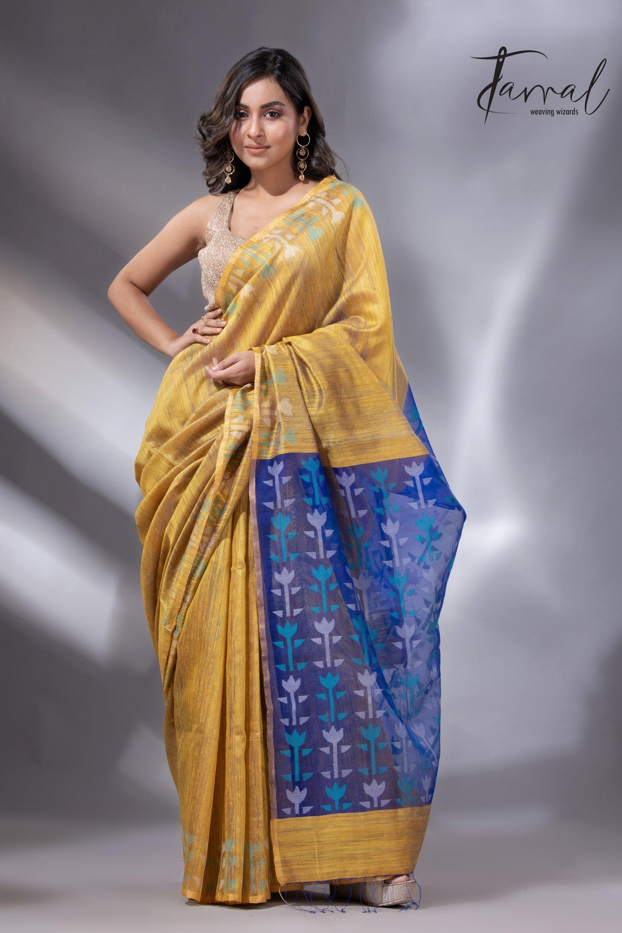 Golden Horizon with blue pallu matka silk handwoven jamdani saree - Tamal Boutique